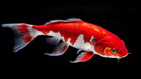 Goldfish isolated on black background. Beautiful colorful koi fish.の素材