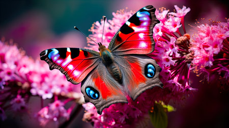 Peacock butterfly (Inachis io) on pink flowersの素材