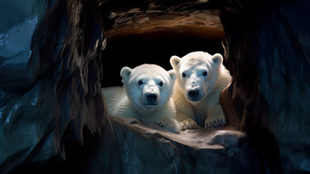 Two polar bears in the cave. 3D illustration. Vertical.の素材