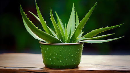 Aloe vera plant in a pot with water drops on wooden tableの素材