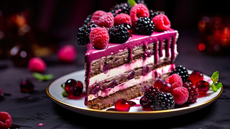 Piece of cake with raspberries and blackberries on a black backgroundの素材