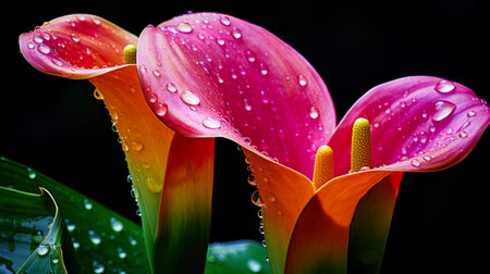 beautiful calla lily flower with raindrops on black backgroundの素材