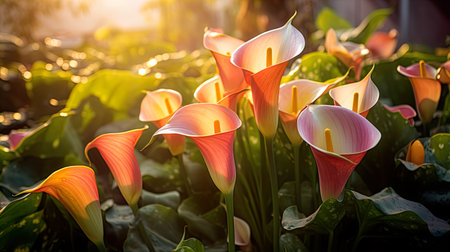 Beautiful Calla lily flower in the garden at sunset.の素材