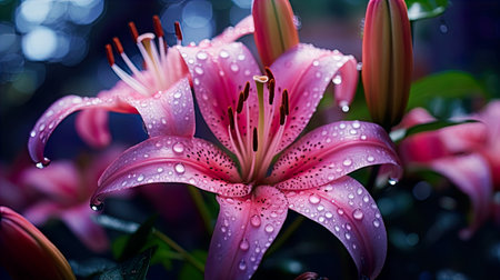 Beautiful pink lily with raindrops on the petals.の素材
