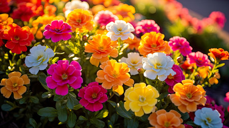 Colorful primroses in a flowerbed on a sunny dayの素材