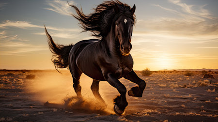 Black horse galloping on sand in the desert at sunset time.の素材