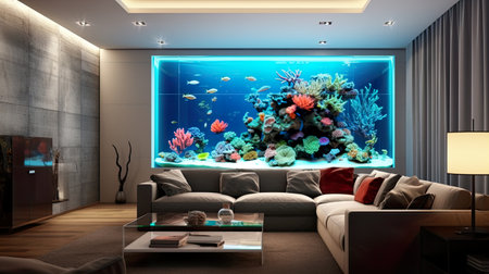 TV set in modern living room with underwater world. 3D renderingの素材