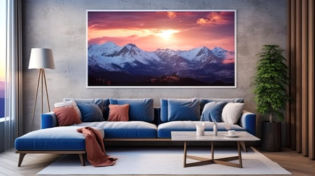 interior with blue sofa. 3d illustration and  picture frameの素材