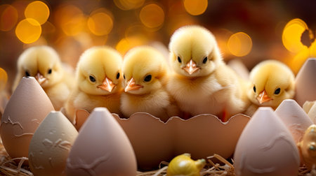 Cute little yellow chickens and easter eggs over bokeh backgroundの素材