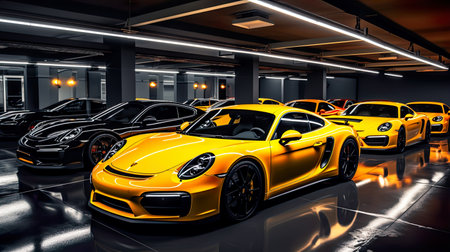 3D render of yellow and black sports cars in a parking lotの素材
