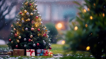 Christmas tree and gifts under the snowfall. Christmas and New Year concept.の素材