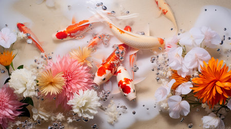 Koi fish in the pond with flowers and petals, top viewの素材