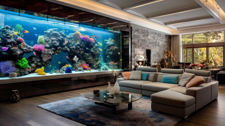 Interior of a modern living room with a beautiful view of the aquariumの素材
