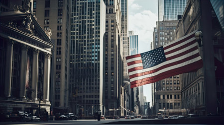 New York City, United States of America. American flag waving in the street.の素材