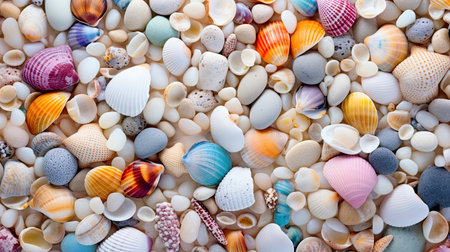 colorful seashells on the beach, top view, backgroundの素材