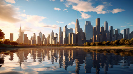 Chicago skyline with skyscrapers and lake at sunset, Illinois, USAの素材