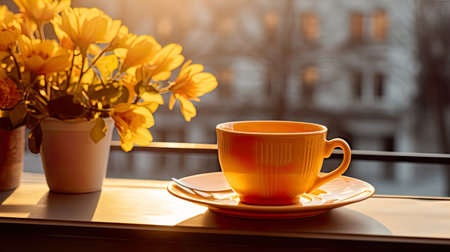 Cup of coffee on the balcony with a bouquet of yellow flowersの素材