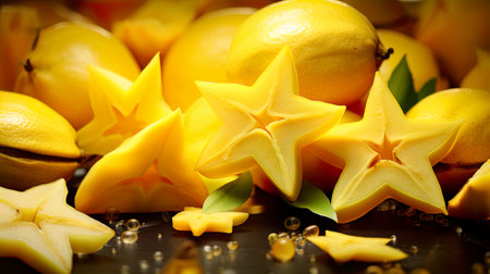 Star fruit, carambola and lemons on a black backgroundの素材