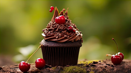 Chocolate cupcake with cherry on nature background. Selective focus.の素材