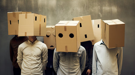 Group of business people with cardboard boxes on their heads against grey backgroundの素材