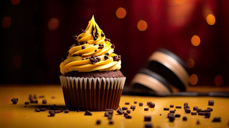 Cupcake with yellow buttercream icing and chocolate shavings on top.の素材