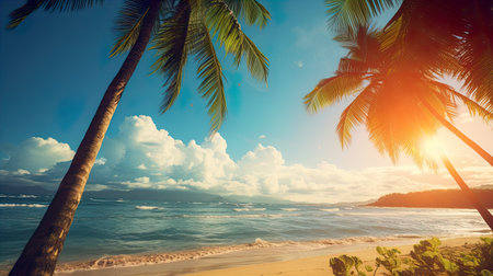 Beautiful tropical beach with coconut palm tree and blue sky - Vintage Filterの素材