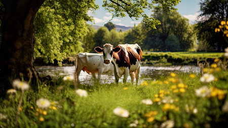 Cows grazing in the meadow on the bank of a mountain riverの素材
