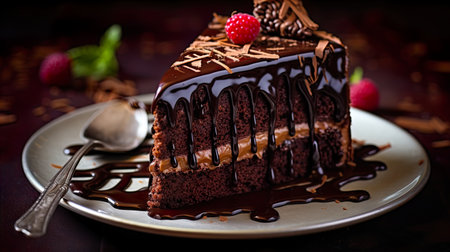 Chocolate cake with raspberries and cream on a dark backgroundの素材