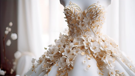 Wedding dress with white flowers on a mannequin.の素材