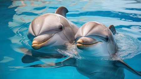 Dolphins swimming in the pool, close-up. Blue waterの素材