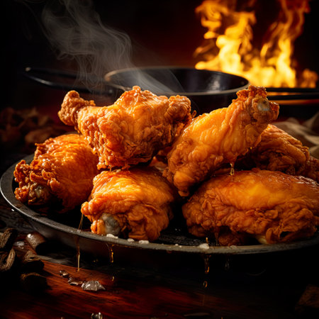Fried chicken drumsticks in a frying pan on a dark backgroundの素材