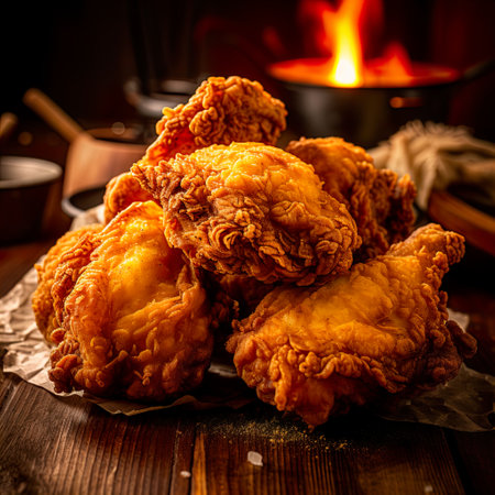 Crispy fried chicken on a wooden table in a restaurant.の素材