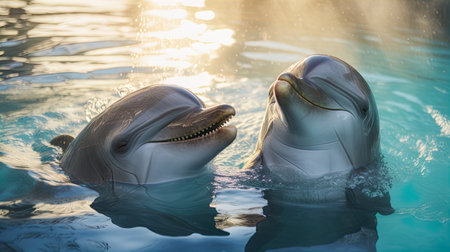 Two cute dolphins in the pool. Toned image. Selective focus.の素材