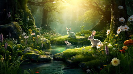 Rabbits in the fantasy forest. 3d rendering. Computer digital drawing.の素材