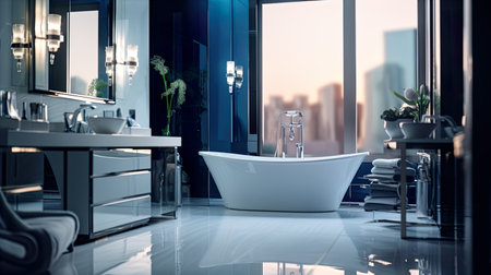 modern bathroom with white bathtub in the foreground. 3d renderingの素材