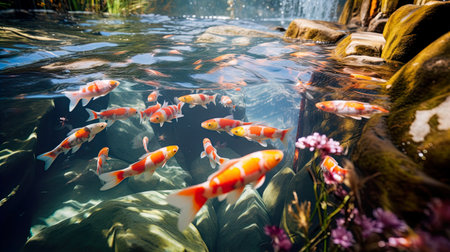 Koi fish swimming in the pond. Beautiful fishes swimming in a pond.の素材