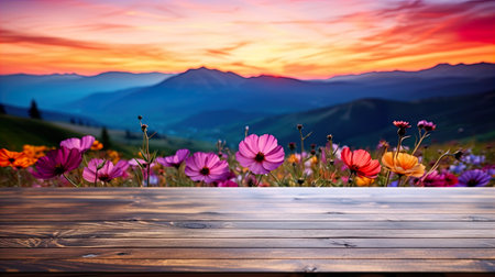 Wooden table in front of beautiful nature landscape. Collage.の素材