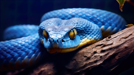 Close-up of the head of a blue snake on a branchの素材