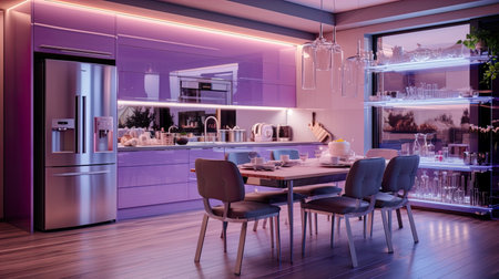 3d rendering of a purple modern kitchen in a loft style.の素材