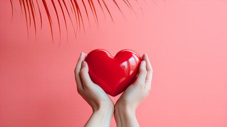 Female hands holding a red heart on a pink background with palm leavesの素材