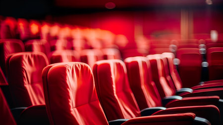 Empty cinema auditorium with red seats. Filtered image processed vintage effect.の素材