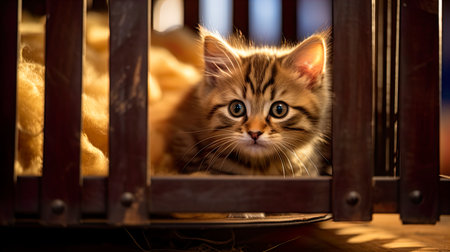 Cute siberian kitten in a cage. Selective focus.の素材