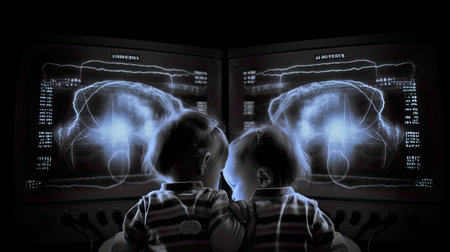 Little boy and girl looking at x-ray screen. Mixed mediaの素材
