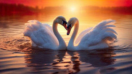 Beautiful white swans on the lake at sunset. Romantic backgroundの素材