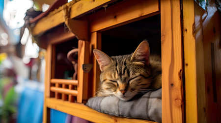 Cute tabby cat sleeping in the dog house, close upの素材