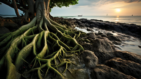 Beautiful green tree on the beach at sunset,Thailand.の素材