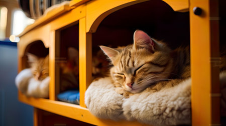 Cute cat sleeping in the cat house, domestic animal concept.の素材