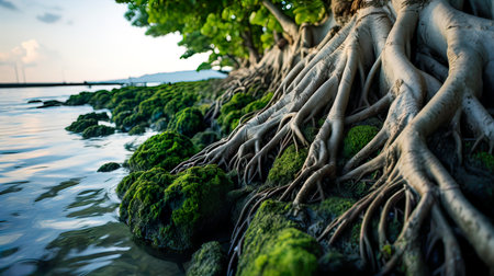 Green tree roots on the beach at sunset. Bali island, Indonesiaの素材
