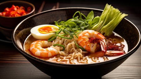 Japanese ramen noodle soup with shrimps on wooden backgroundの素材