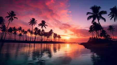 Tropical sunset with palm trees and reflection in the water.の素材
